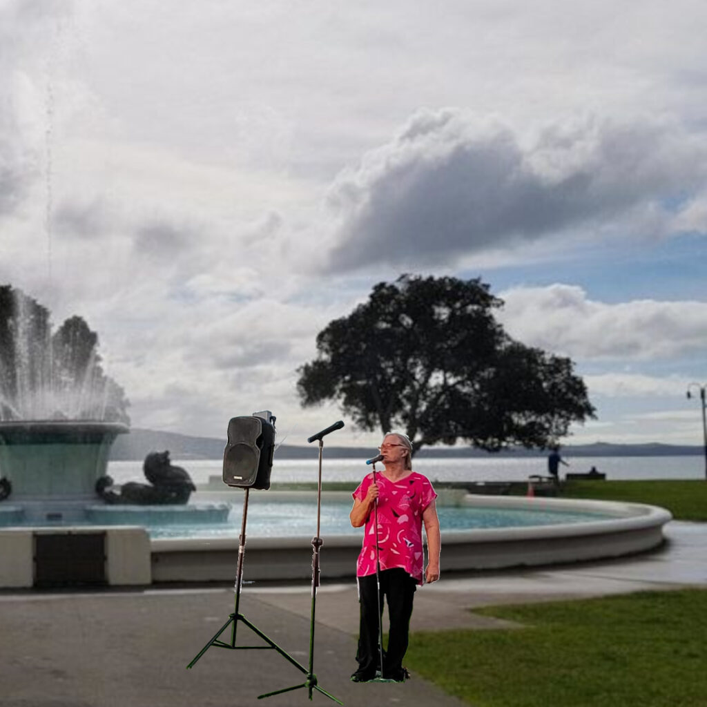 A comedian stands beside a large fountain on the foreshore at Mission Bay.