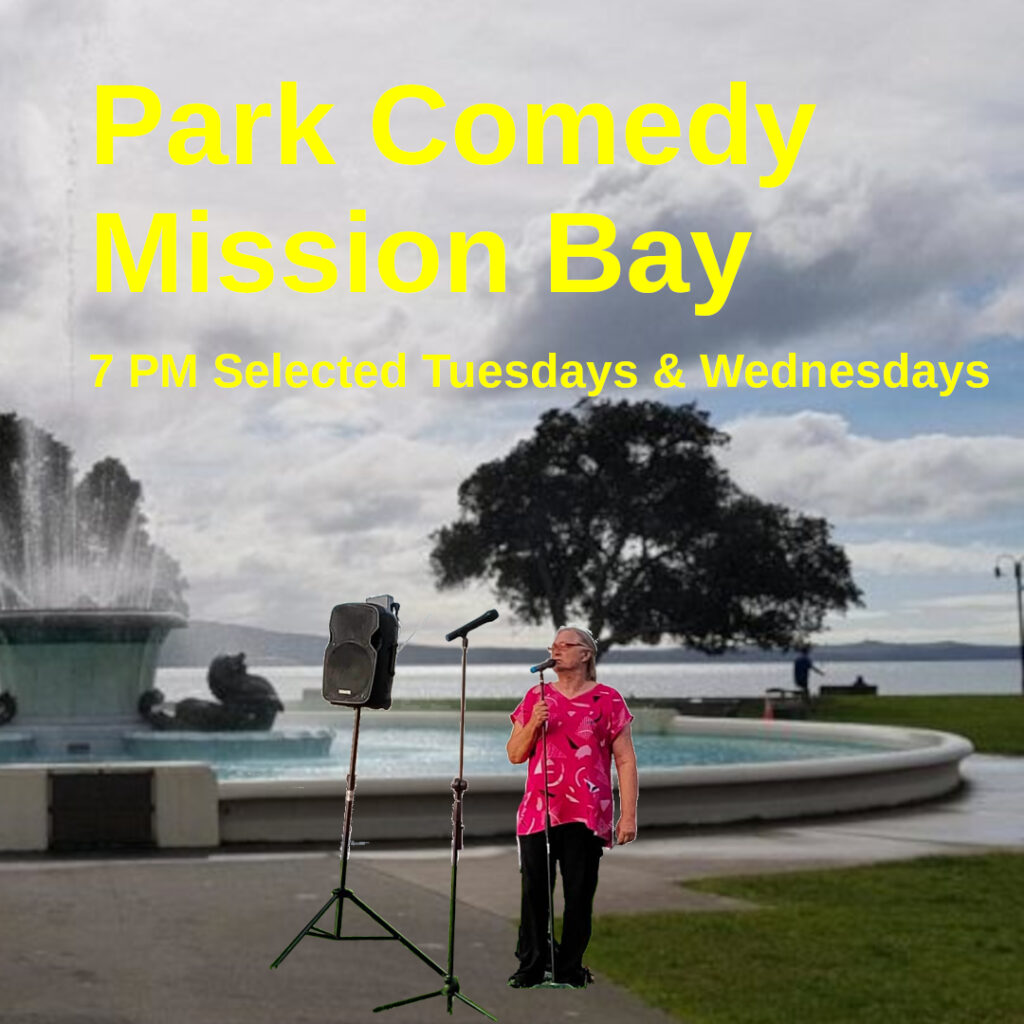 A comedian stands beside a large fountain on the foreshore at Mission Bay.