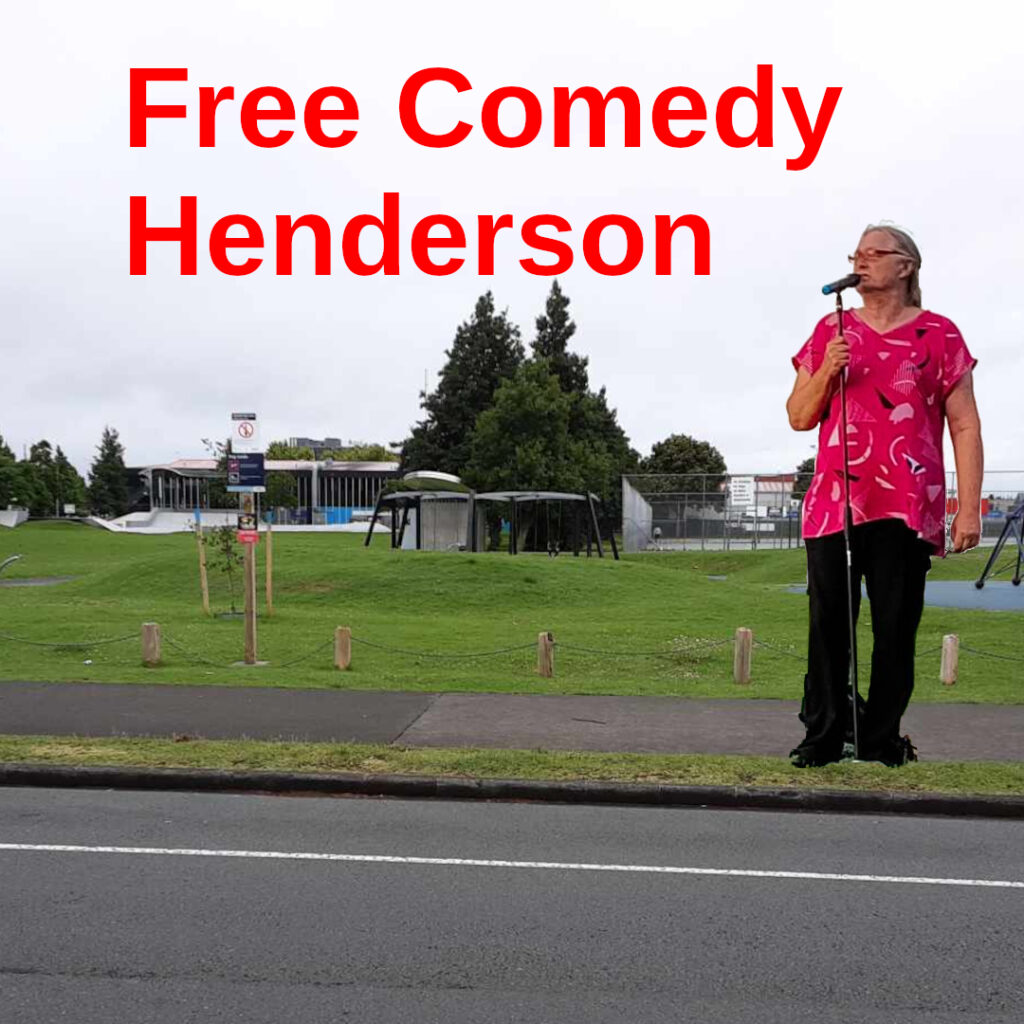 A comedian outside a grassy park