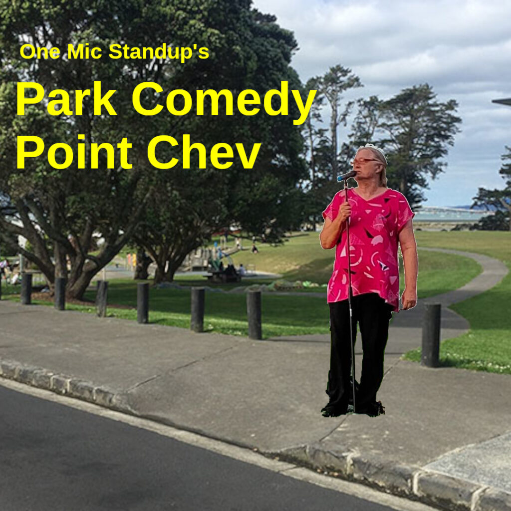 A comedian stands outside a park