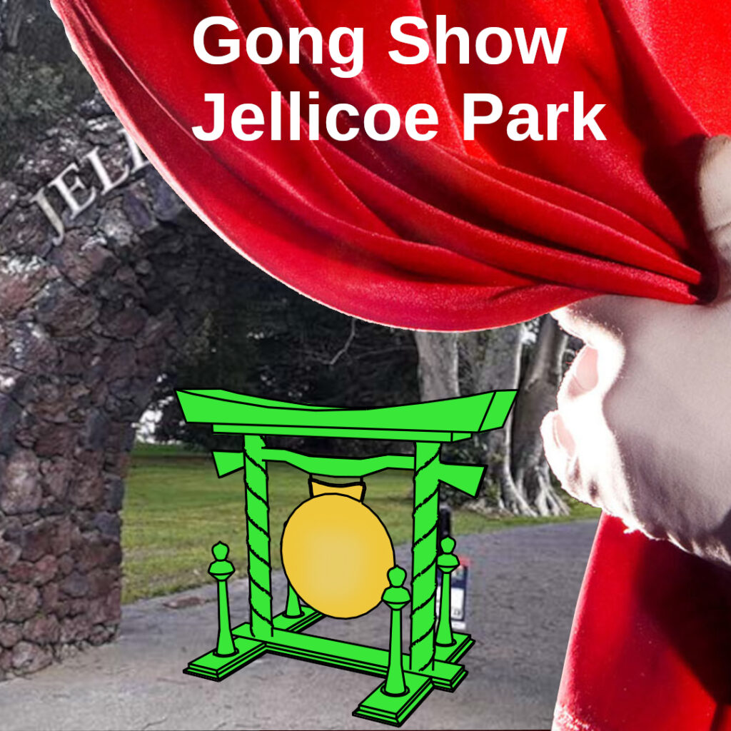 A gloved hand pulls back a curtain to reveal a large gong under the Memoria Arch in Jellicoe Park Onehunga. Text: Gong Show Jellicoe Park.